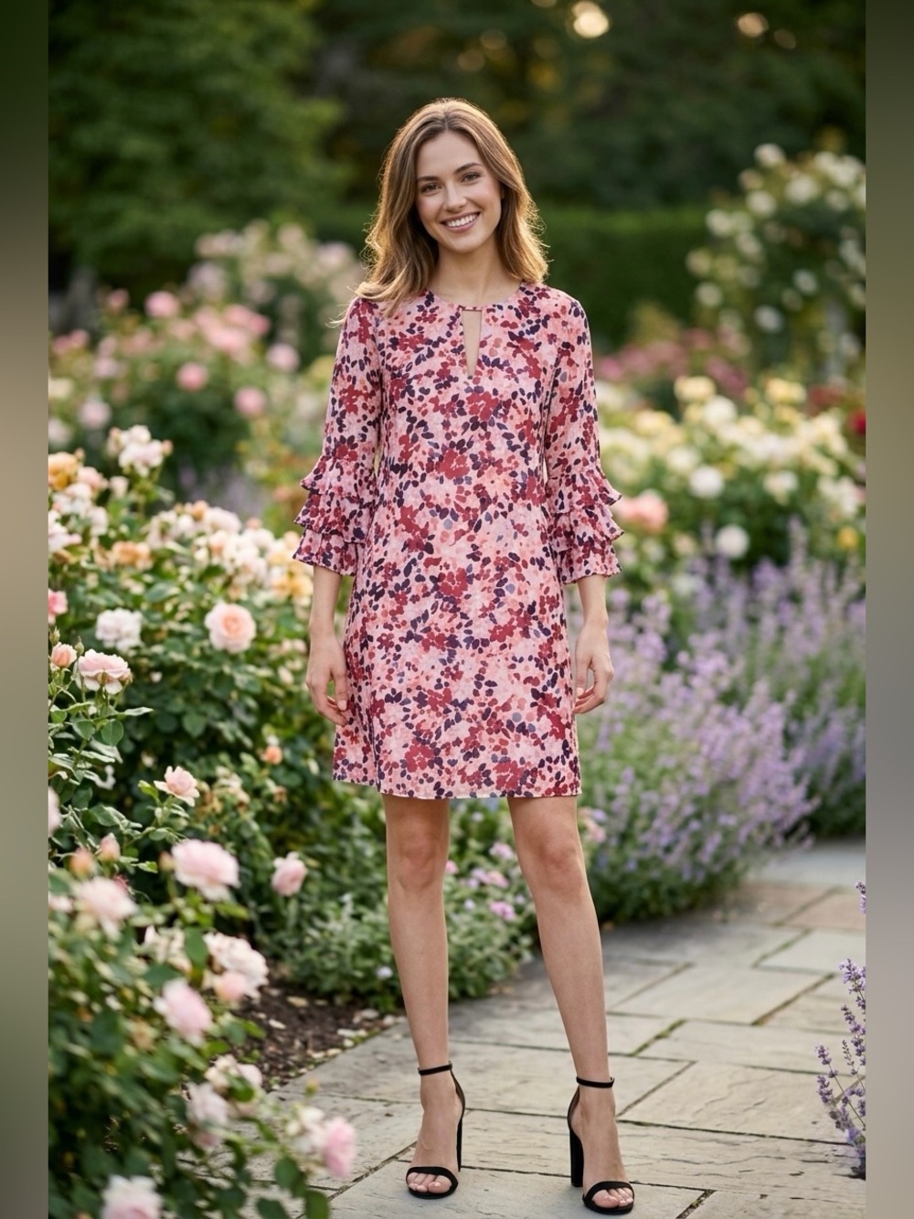 Vince Camuto Straight-cut floral print dress with tiered sleeve detail, size 4